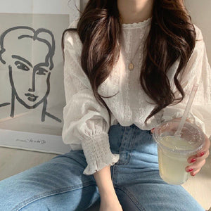 Sweet age-reducing lace hook-and-loop lantern long-sleeved shirt