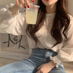 Sweet age-reducing lace hook-and-loop lantern long-sleeved shirt