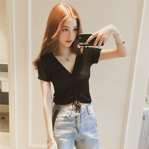 Korean Style V-neck Drawstring Navel-Baring Short-Sleeved T-shirt