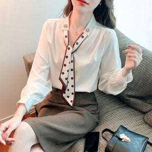 Spring and Autumn Slim Bow Lace Commuting Long Sleeve Shirt
