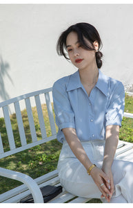 Chiffon V-neck professional-looking interview loose puff-sleeve shirt