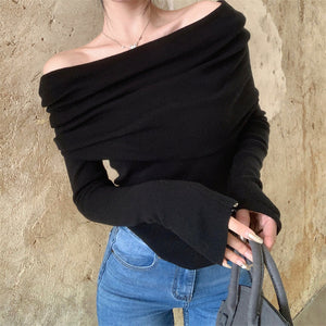 Off-shoulder long-sleeved soft style short tight knit sweater