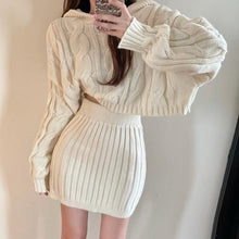 Load image into Gallery viewer, Fashionable hooded knitted twist sweater high-waist elastic hip-covering skirt suit
