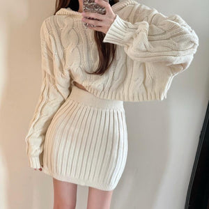 Fashionable hooded knitted twist sweater high-waist elastic hip-covering skirt suit
