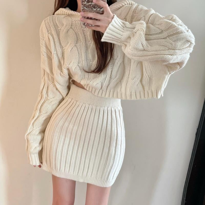 Fashionable hooded knitted twist sweater high-waist elastic hip-covering skirt suit