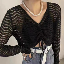 Load image into Gallery viewer, Hollow drawstring V-neck sun protection long-sleeved sweater
