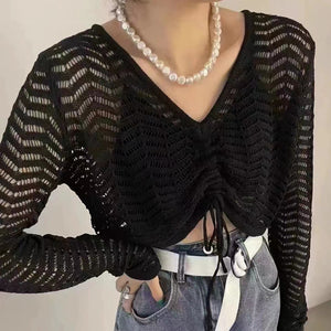 Hollow drawstring V-neck sun protection long-sleeved sweater