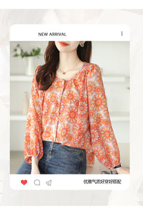 Chiffon round neck French style floral shirt