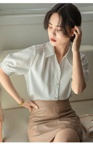 Chiffon V-neck professional-looking interview loose puff-sleeve shirt
