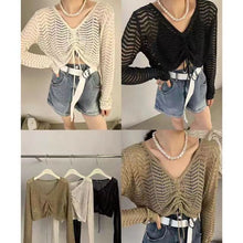 Load image into Gallery viewer, Hollow drawstring V-neck sun protection long-sleeved sweater
