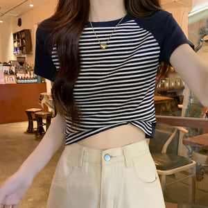 Retro Striped Raglan Cotton Sweet Girl Top