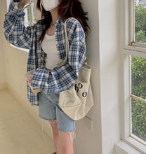Load image into Gallery viewer, Blue and white plaid lazy long-sleeved sunscreen shirt
