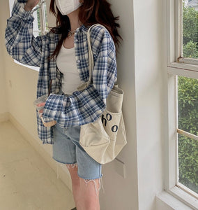 Blue and white plaid lazy long-sleeved sunscreen shirt