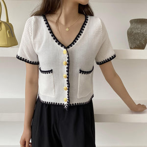 Knitted Cardigan Casual Front Button & Pocket V-Neck Short Sleeve
