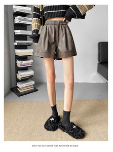 Washed leather A-line strap casual wide-leg shorts