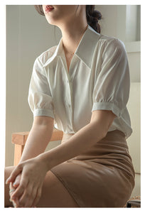 Chiffon V-neck professional-looking interview loose puff-sleeve shirt