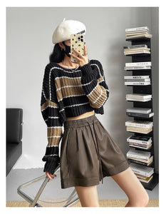 Washed leather A-line strap casual wide-leg shorts
