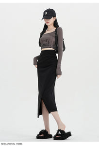 Autumn and winter niche irregular slit high-waisted hip-covering A-line skirt