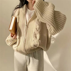 Retro lazy loose zippered twist sweater jacket