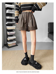 Washed leather A-line strap casual wide-leg shorts
