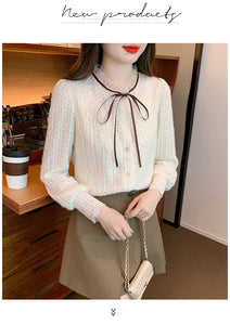 Korean style versatile bow-knot velvet thickened long-sleeved lace shirt