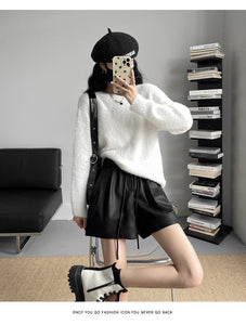Washed leather A-line strap casual wide-leg shorts