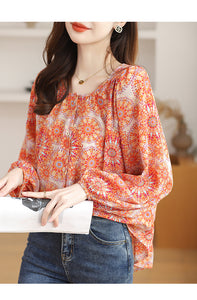 Chiffon round neck French style floral shirt