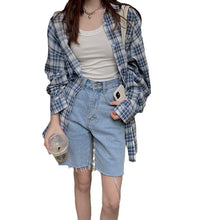 Load image into Gallery viewer, Blue and white plaid lazy long-sleeved sunscreen shirt
