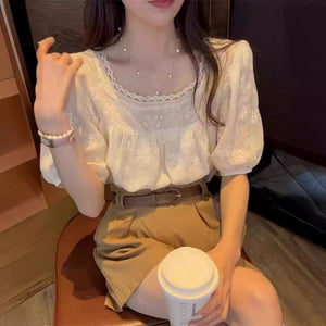 Square neck off-shoulder petite design niche puff sleeve shirt
