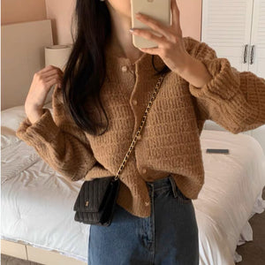 Xiaoxiangfeng round neck textured single-breasted knitted cardigan top