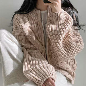 Retro lazy loose zippered twist sweater jacket