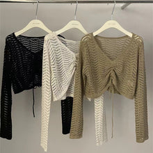 Load image into Gallery viewer, Hollow drawstring V-neck sun protection long-sleeved sweater
