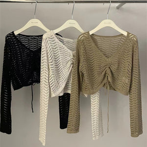 Hollow drawstring V-neck sun protection long-sleeved sweater
