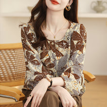Load image into Gallery viewer, Floral round neck chiffon nine-quarter sleeve retro printed shirt
