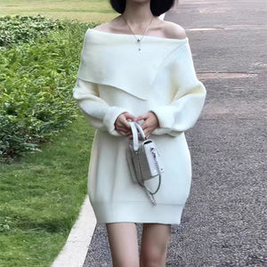 Loose, lazy and versatile one-shoulder mid-length sweater dress