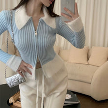 Load image into Gallery viewer, Gentle style spliced double zipper sweater long-sleeved top sweater
