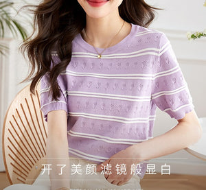 2023 Summer New Gentle Contrast Color Striped Sweater