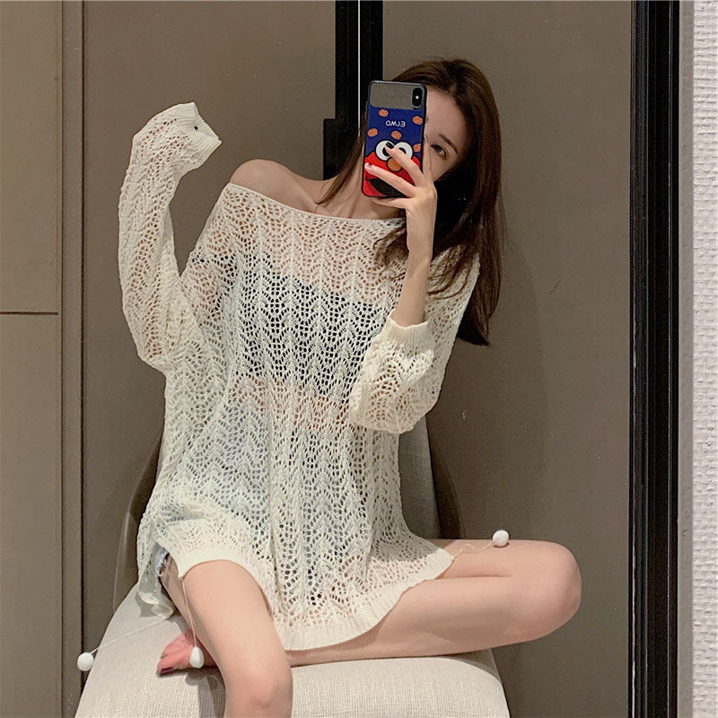 Hollow thin slouchy long-sleeved sun protection knitted blouse