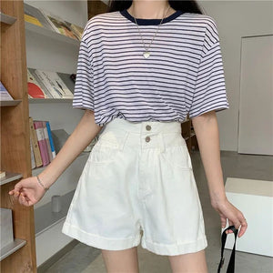 Super high waist slim fit wide leg A-line denim shorts