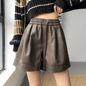 Washed leather A-line strap casual wide-leg shorts