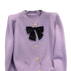 Sweet taro purple bow knitted open jacket