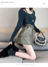 Load image into Gallery viewer, PU leather workwear drawstring high waist slim A-line skirt
