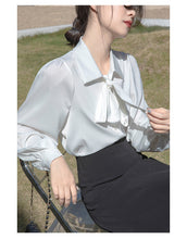 Load image into Gallery viewer, Lantern sleeve temperament autumn and winter bow shirt
