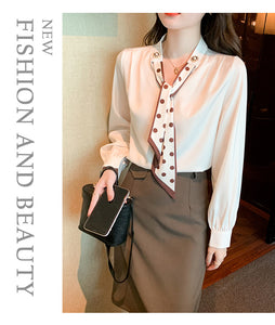 Spring and Autumn Slim Bow Lace Commuting Long Sleeve Shirt