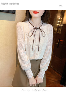 Korean style versatile bow-knot velvet thickened long-sleeved lace shirt
