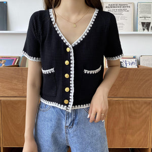 Knitted Cardigan Casual Front Button & Pocket V-Neck Short Sleeve