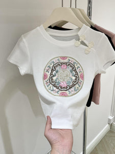 Chinese style button embroidered slim crop top