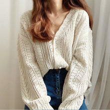 Load image into Gallery viewer, Retro hollow lazy style crochet flower V-neck knitted sweater
