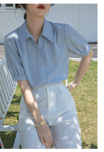 Chiffon V-neck professional-looking interview loose puff-sleeve shirt