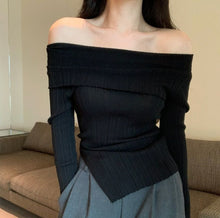 Load image into Gallery viewer, Hot girl one-shoulder long-sleeved knitted irregular slimming short top
